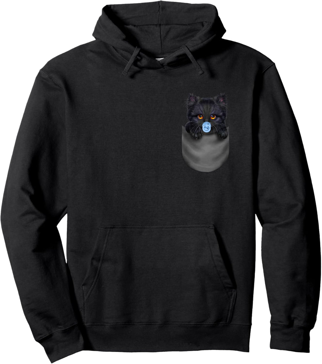 Schwarze Katze mit einem Schnuller in der Tasche Pullover Hoodie