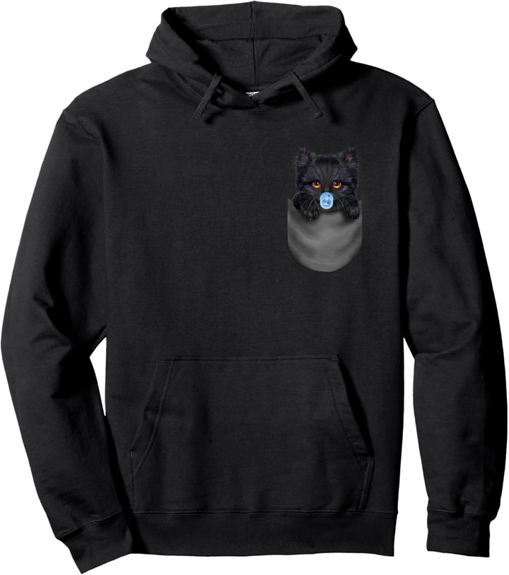 Schwarze Katze mit einem Schnuller in der Tasche Pullover Hoodie
