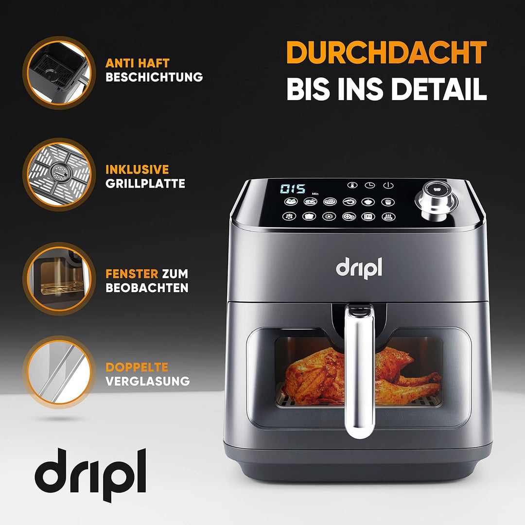 Dripl Heissluftfritteuse 5,7L, XXL Fritteuse mit LCD Touchscreen, AirFryer mit 12 Programmen, Kompak