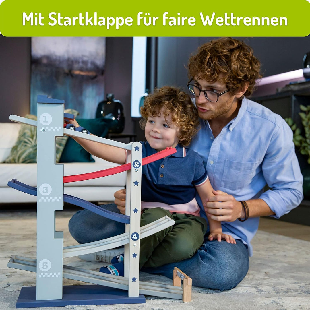 EverEarth Auto-Rennbahn Zweispurig EE33781 Kugelbahn mit Rennautos aus Holz für Kinder ab 36 Monaten