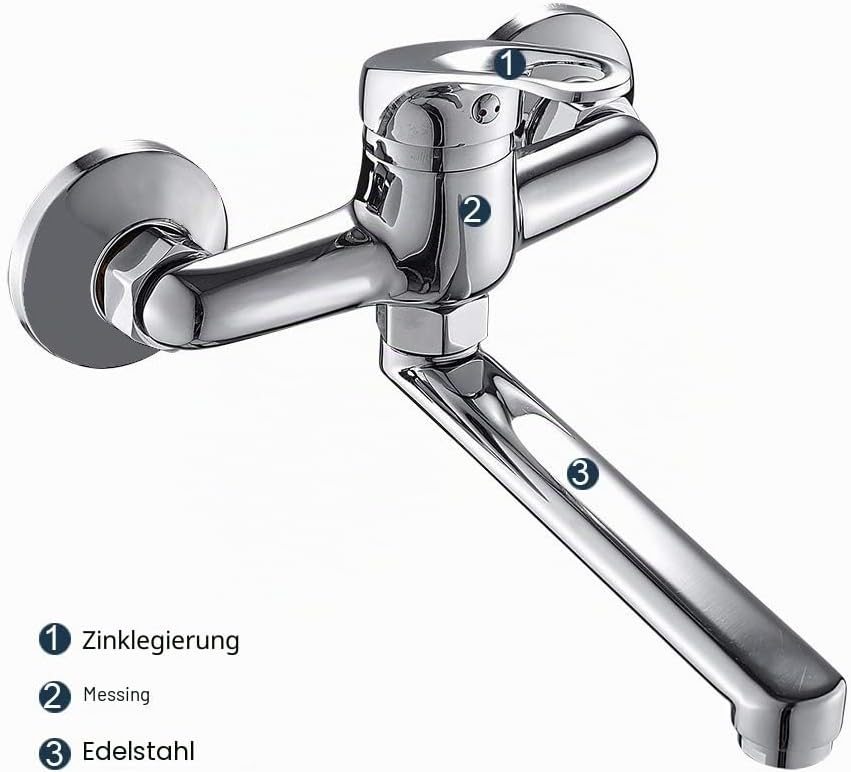 Küchenarmatur, Wandmontage mit 360° Drehung, Auslauf für Waschbecken, Abstand Waschbecken 15 cm (Sil
