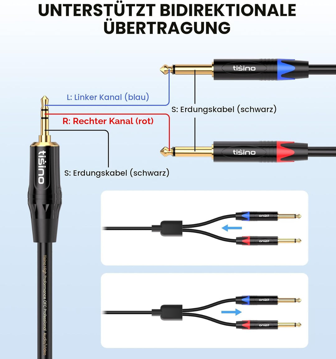 Tisino 3,5 mm auf 6,35 mm Stereo-Kabel, Mini-Klinkenstecker TRS Stereo auf Dual 6,35 mm TS Mono Y-Sp