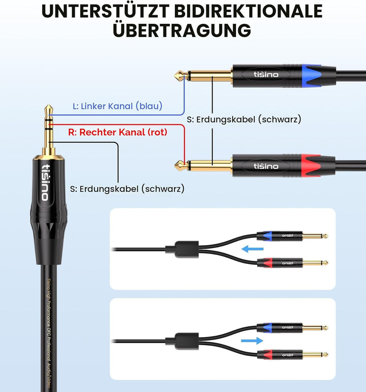 Tisino 3,5 mm auf 6,35 mm Stereo-Kabel, Mini-Klinkenstecker TRS Stereo auf Dual 6,35 mm TS Mono Y-Sp