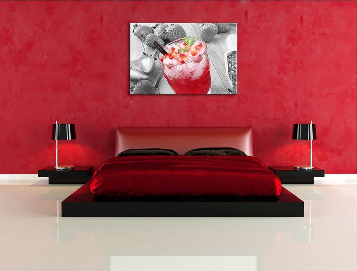 Erdbeercocktail neben Kandiszucker schwarz/weiss Format: 100x70 auf Leinwand, XXL riesige Bilder fer