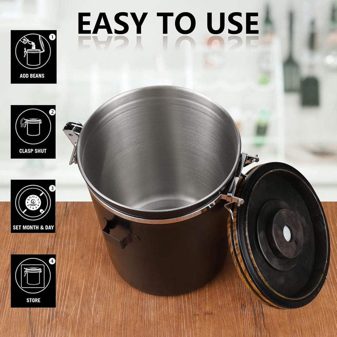 Dreamhigh® Kaffeedose Luftdicht 1kg Bohnen - Kaffeebehälter aus Edelstahl mit Messlöffel, Deckel aus
