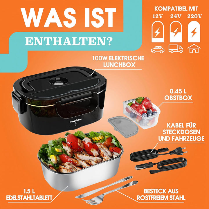 TRAVELISIMO Elektrische Lunchbox 80W Beheizbare Lunchbox, 1,5L Heat Box 3-in-1 Electric Lunch Box, W
