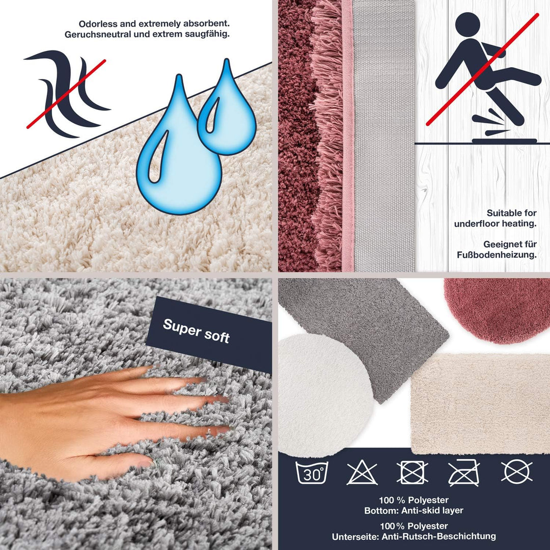 WohnDirect Premium Hochflor Badezimmerteppich Rosa • Rutschfester & Extra Flauschiger Badvorleger •