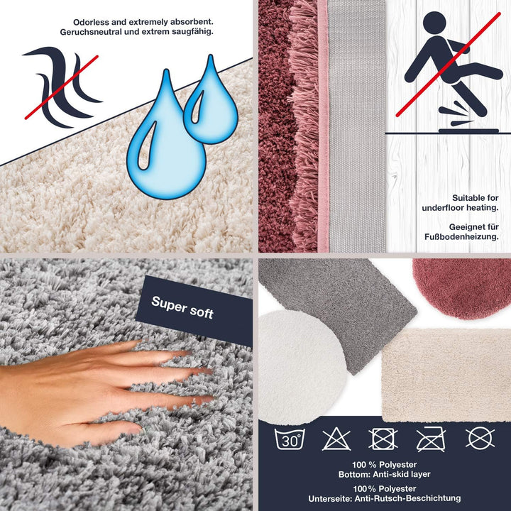 WohnDirect Premium Hochflor Badezimmerteppich Rosa • Rutschfester & Extra Flauschiger Badvorleger •