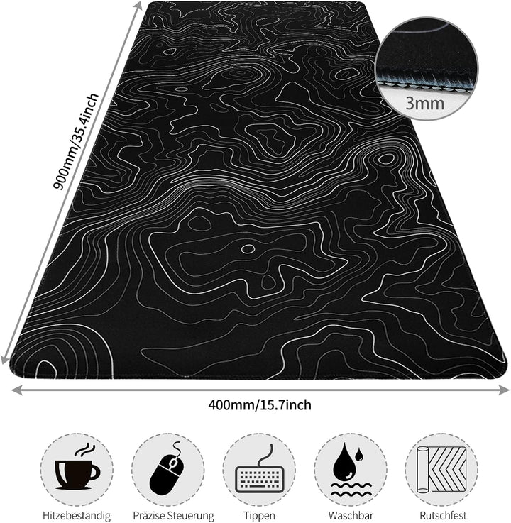 Mauspad XXL,900x400mm Gross Topographie Mousepad,Mausmatte mit Rutschfester Gummibasis,Schreibtischu