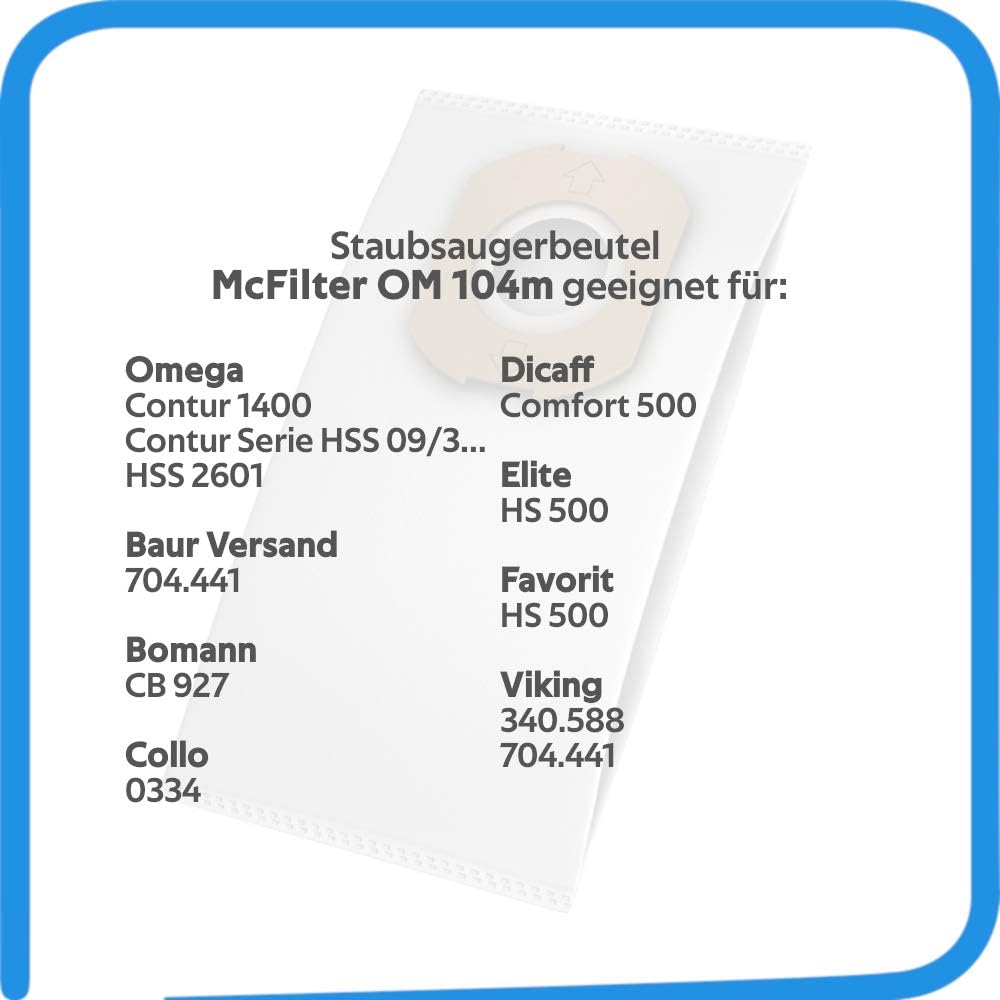 McFilter | 20 Staubsaugerbeutel kompatibel mit Omega Contur 1400, Contur 1000, Contur 500, Contur 50