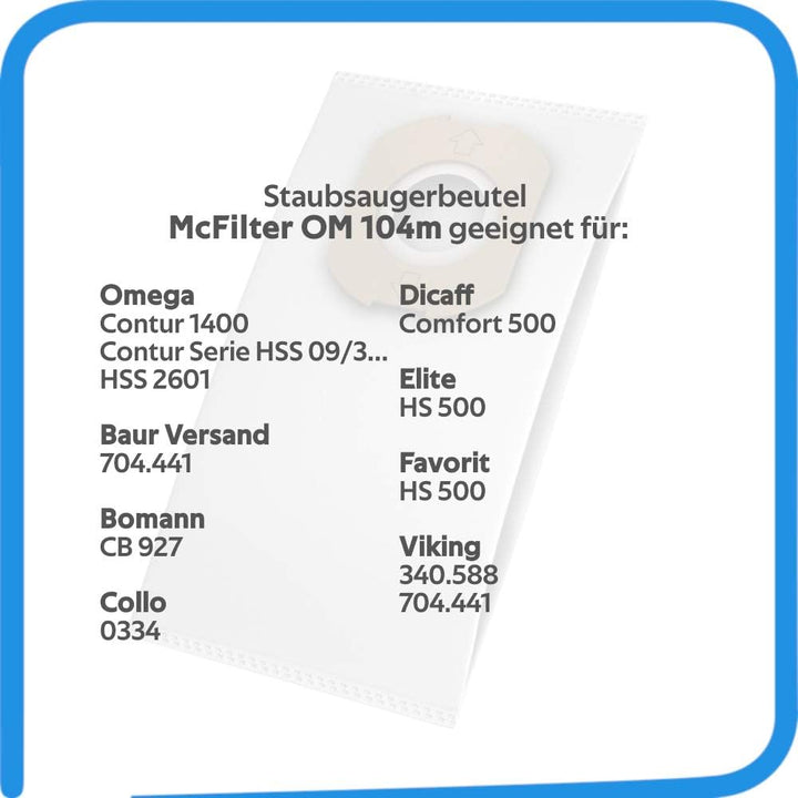 McFilter | 20 Staubsaugerbeutel kompatibel mit Omega Contur 1400, Contur 1000, Contur 500, Contur 50