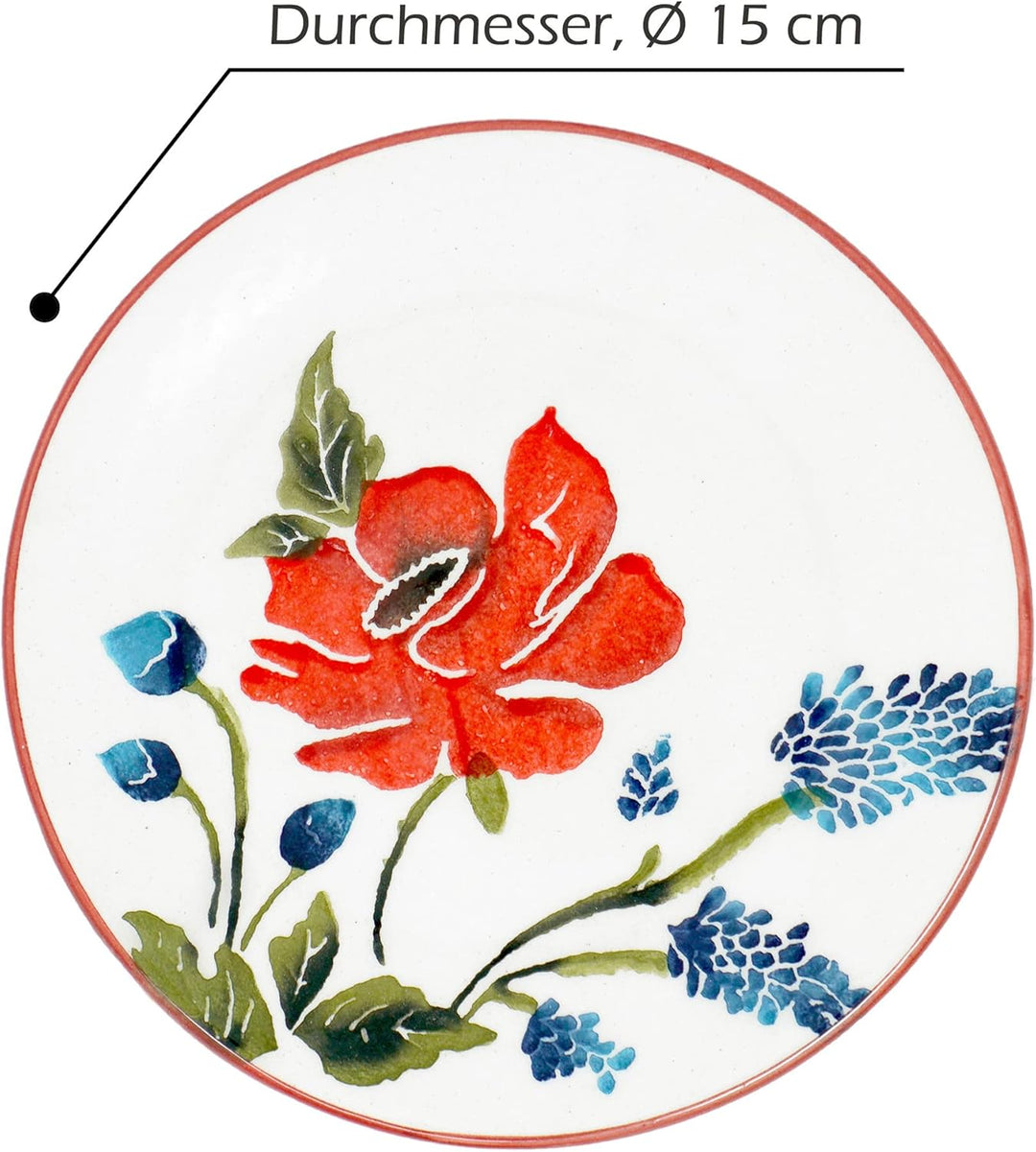 Lashuma Frühstücksteller 4er Set, flache Kuchenteller bunt Mohnblume, Keramikteller rund 15 cm Ø 15