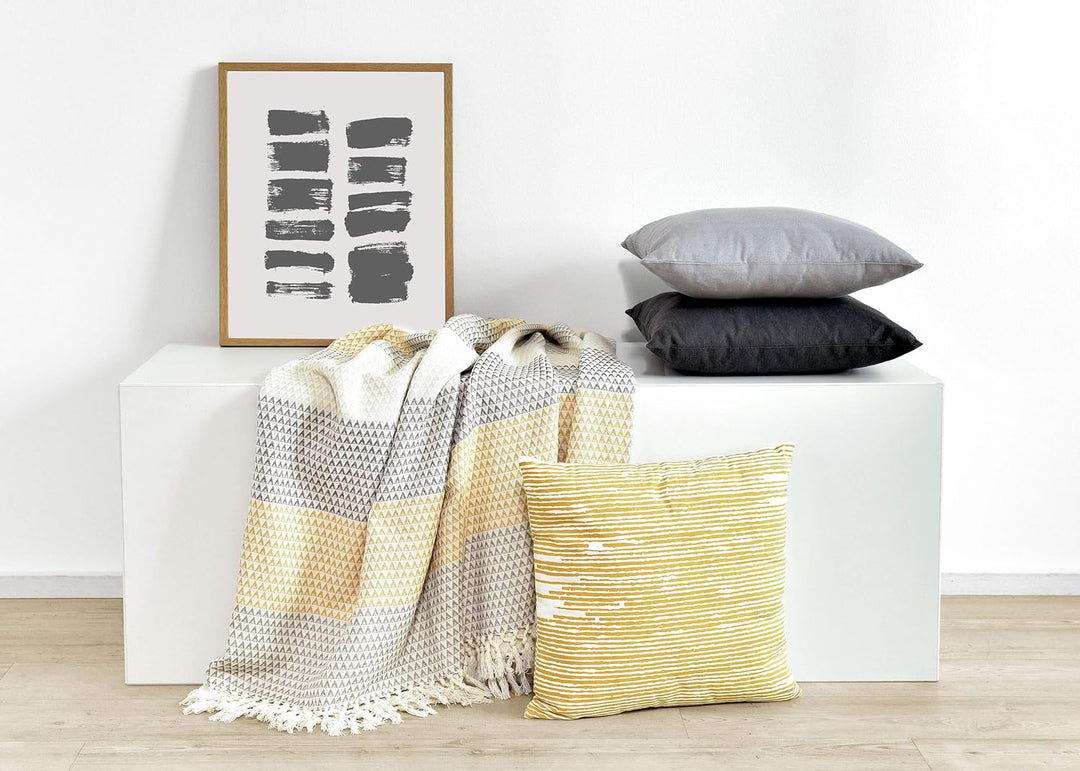 Wohndecke Plaid Dana, 150x200 cm, Weiss (Weiss) Braun Gelb (senfgelb), Gemustert, Boho, Baumwolle, g
