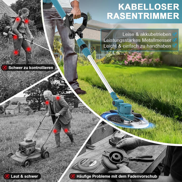Rasentrimmer für Makita-Akkus mit 4 Klingentypen, Rasentrimmer mit Akku 2 4,0Ah und Unkrautbürste, 4