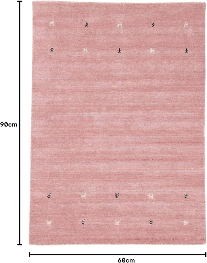 carpetfine Wollteppich Gabbeh Uni Rosa 60x90 cm | Moderner Teppich für Wohn- und Schlafzimmer 60x90