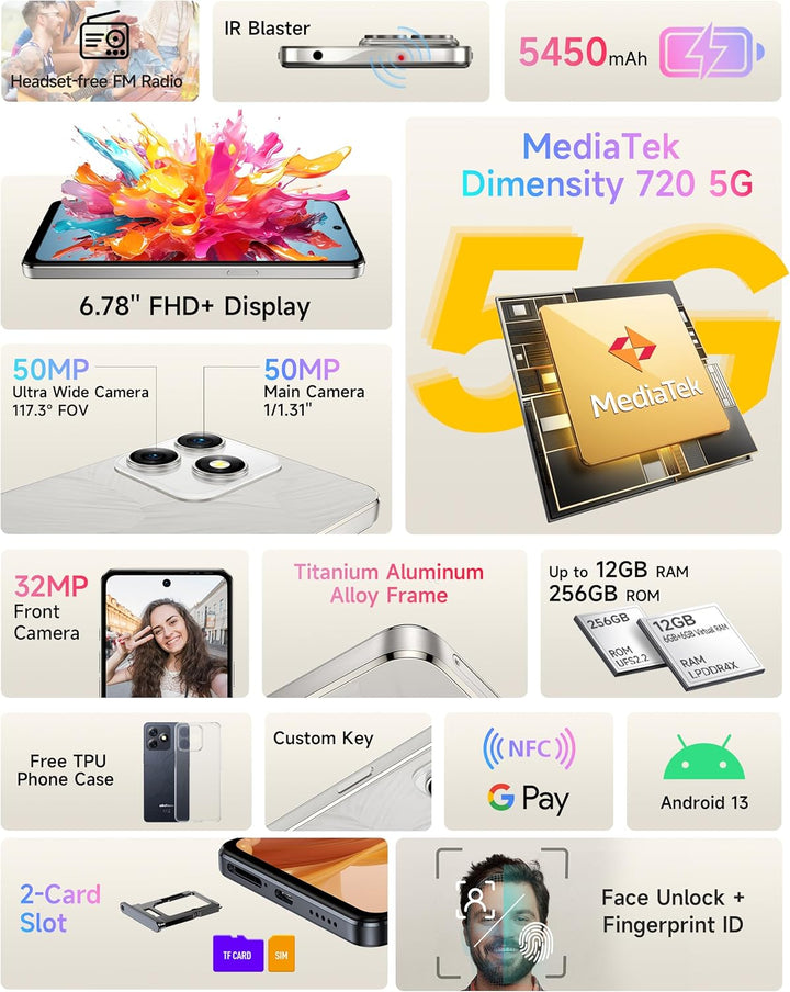 Ulefone Note 18 Ultra 5G Smartphone Ohne Vertrag, 12GB+256GB/SD-2TB, 50MP+50MP+32MP Kamera 6,78" FHD