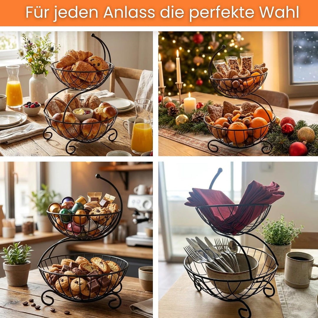 Obstkorb 2-Stöckiger Obst Etagere Obst und Gemüse Aufbewahrung – Moderne Obstkorb Design aus Metall