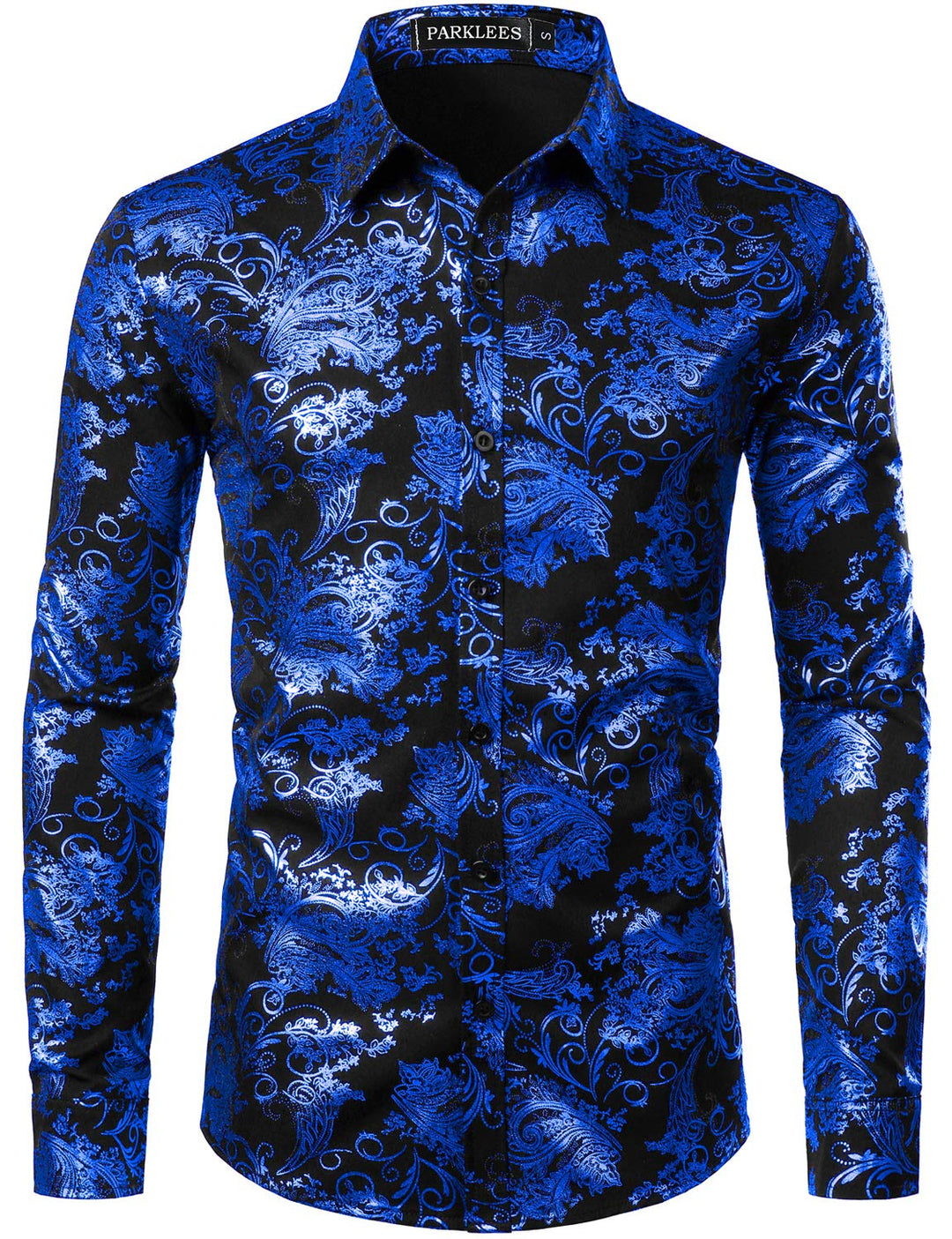 PARKLEES Herren Luxus Paisley Gemustert Golden Glänzend Slim Fit Freizeithemd M Schwarz Royal Blau,
