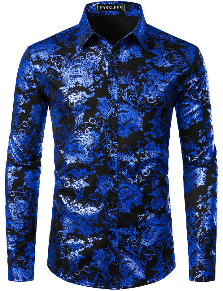 PARKLEES Herren Luxus Paisley Gemustert Golden Glänzend Slim Fit Freizeithemd M Schwarz Royal Blau,