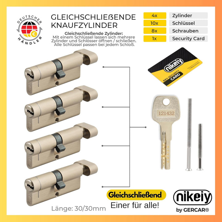 GERCAR Pro+ 4er Set Knaufzylinder gleichschliessend 30/30 - N+G Schliesszylinder mit Knauf - Zylinde