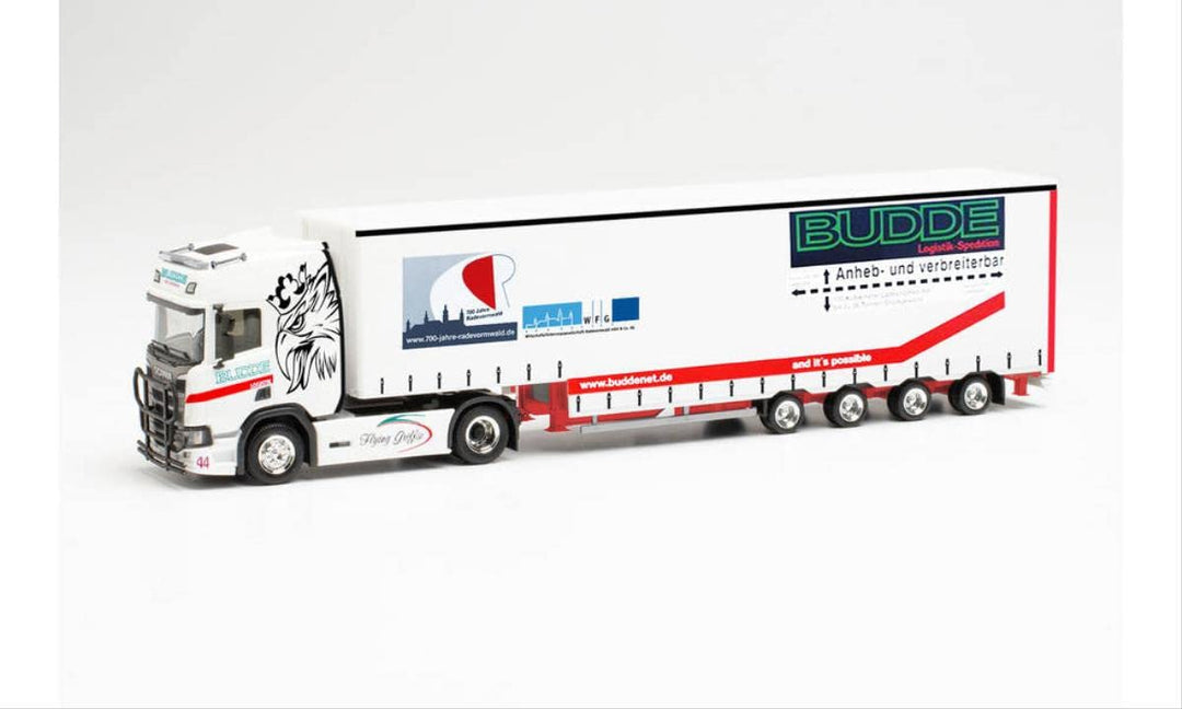 herpa 314374 Scania CS Hochdach Volumen-Sattelzug Budde Spedition in Miniatur zum Basteln Sammeln un