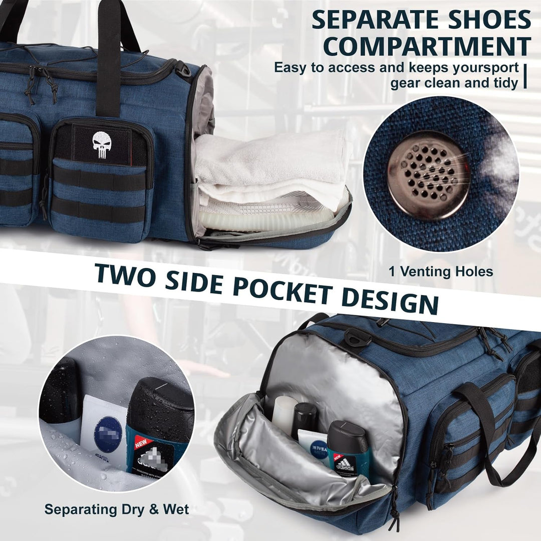 Taktische Sporttasche für Herren, 50L Grosse 3-in-1-Sport-Reisetasche mit Schuhfach, Wasserabweisend