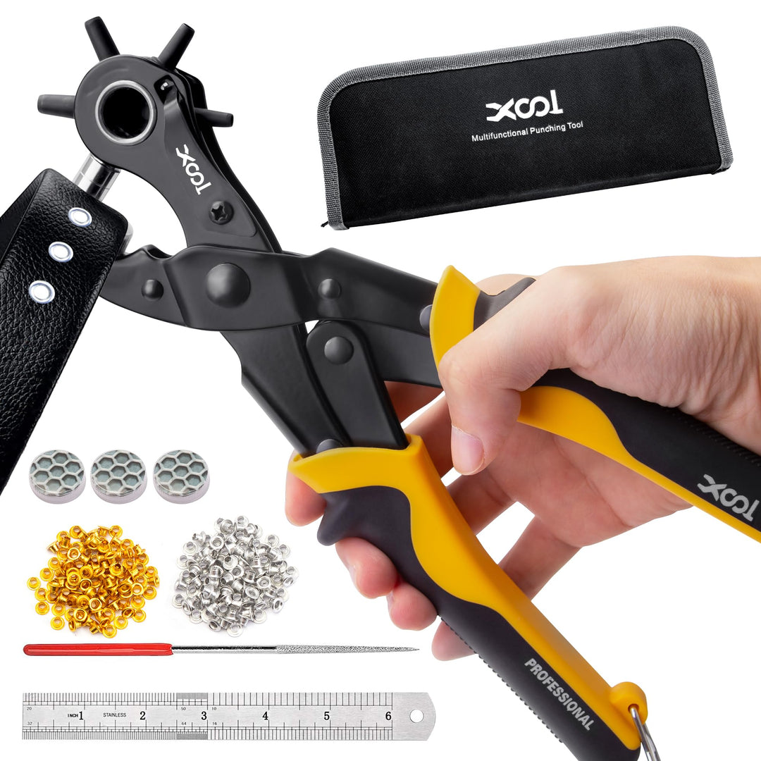 XOOL 2 in 1 Leder Lochzange Ösen Werkzeug Set, 4,5 mm Metall Ösen für Stoff, Lochstanzer, Ösenzange