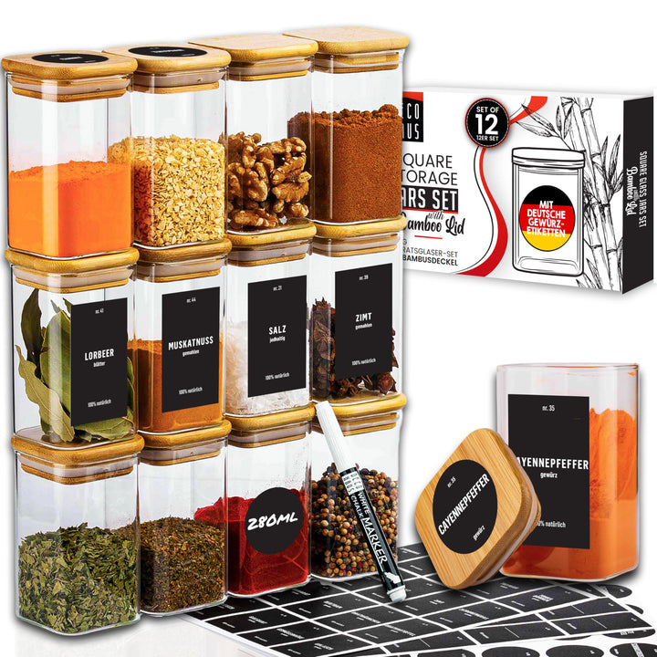 Deco haus® Gewürzgläser Eckig mit Holzdeckel 12er Set [+Gewürzetiketten] - Gewürzbehälter Glas 280ml