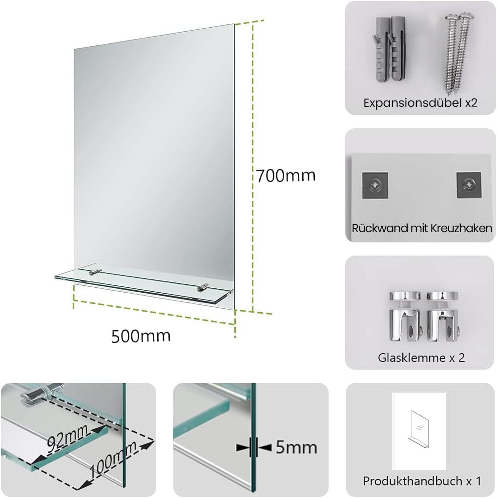 S'AFIELINA Spiegel mit Ablage 50x70 cm – Rahmenloser Wandspiegel für Badezimmer & Gäste-WC – Klassis