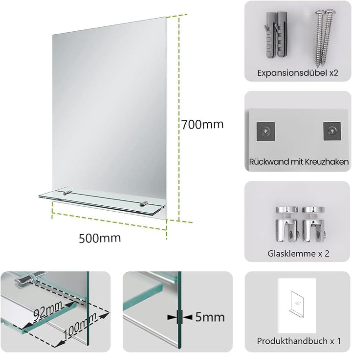 S'AFIELINA Spiegel mit Ablage 50x70 cm – Rahmenloser Wandspiegel für Badezimmer & Gäste-WC – Klassis