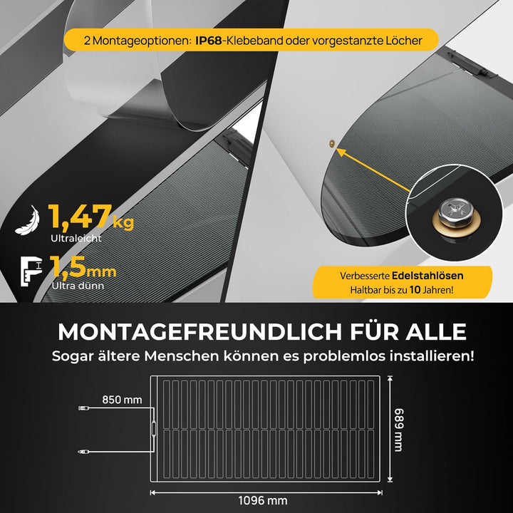 BougeRV Yuma 100W CIGS Solarpanel Flexibel 360° Flexible Solarmodule ETFE IP68 mit Solarkabel Solarp