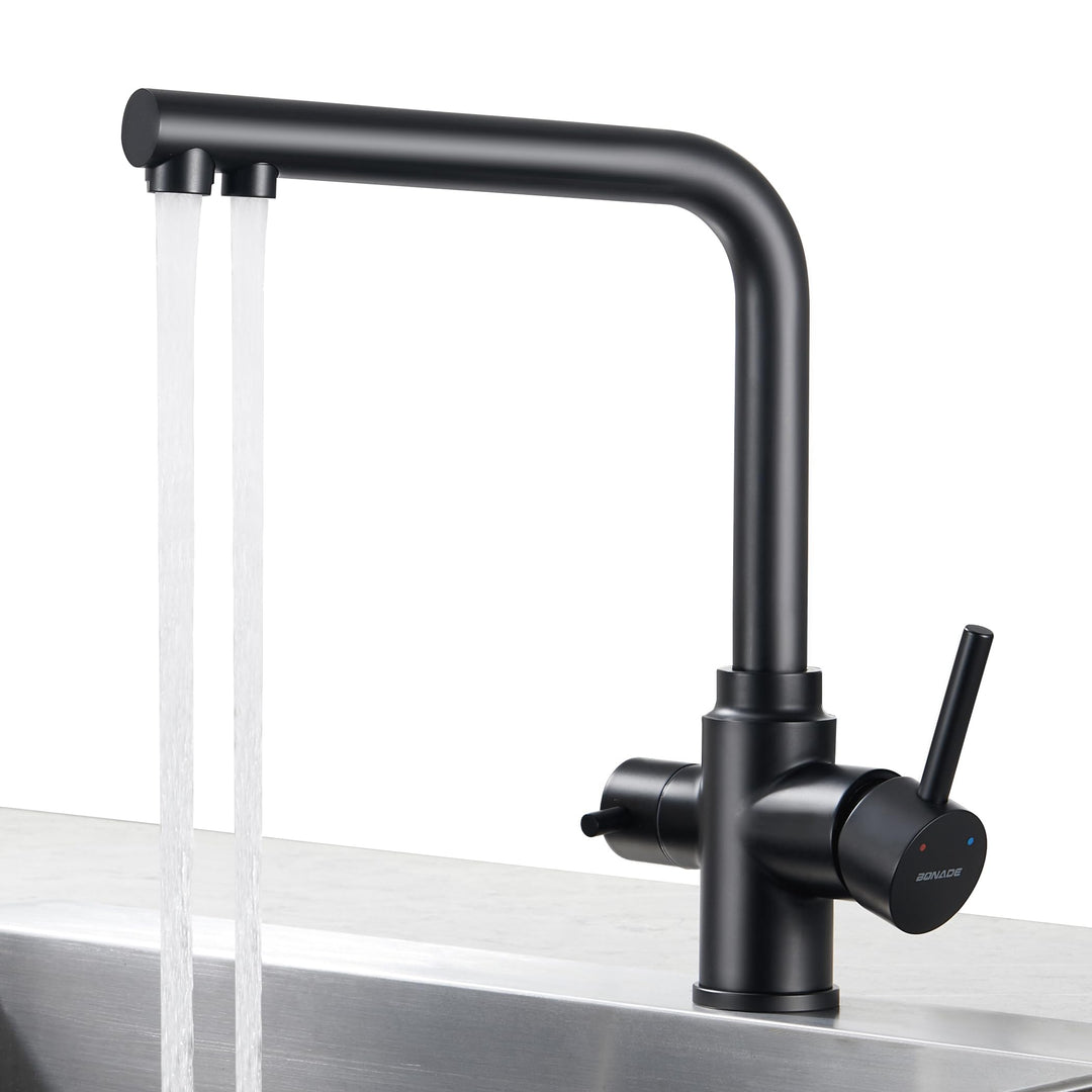 BONADE 3 Wege Wasserhahn Schwarz Matt, 360° Drehbar Küchenarmatur Trinkwasserhahn mit 2 Hebel, Misch
