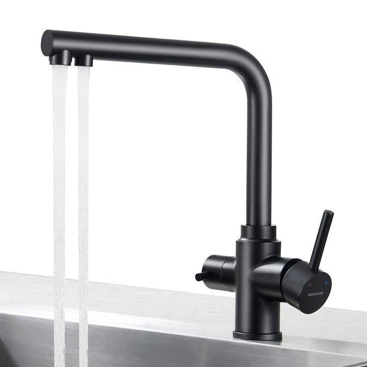 BONADE 3 Wege Wasserhahn Schwarz Matt, 360° Drehbar Küchenarmatur Trinkwasserhahn mit 2 Hebel, Misch