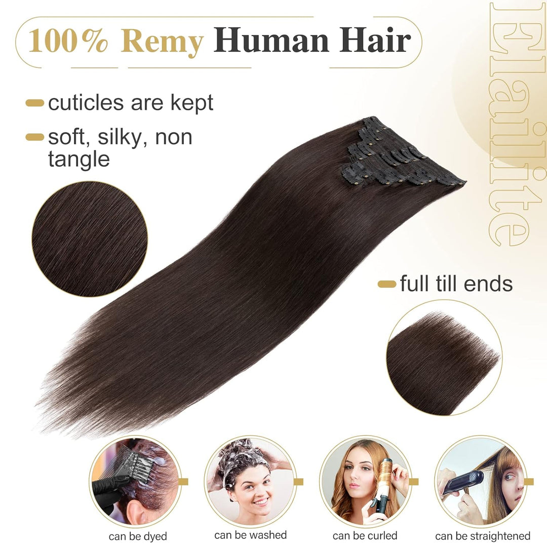 Elailite Extensions Echthaar Clip in 8 Tressen Voller Kopf #2 Dunkelbraun, Haarverlängerung Real Hum