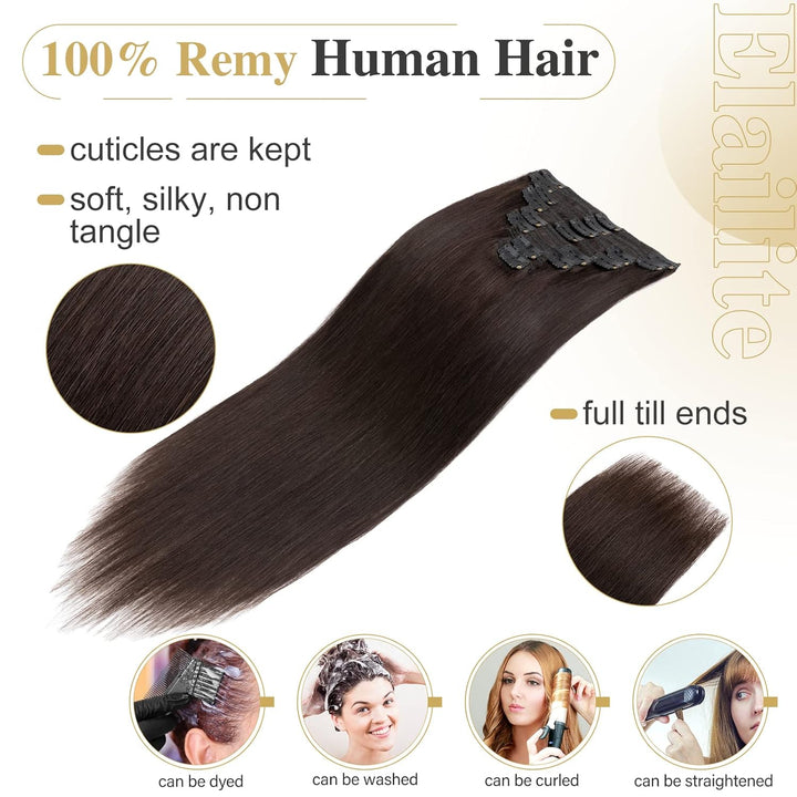 Elailite Extensions Echthaar Clip in 8 Tressen Voller Kopf #2 Dunkelbraun, Haarverlängerung Real Hum