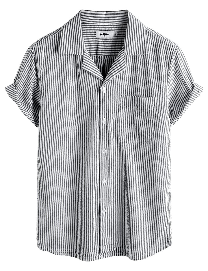 VATPAVE Herren Gestreifte Sommerhemd Casual Button Down Kurzarm Strand HawaiiHemd S Schwarz, S Schwa