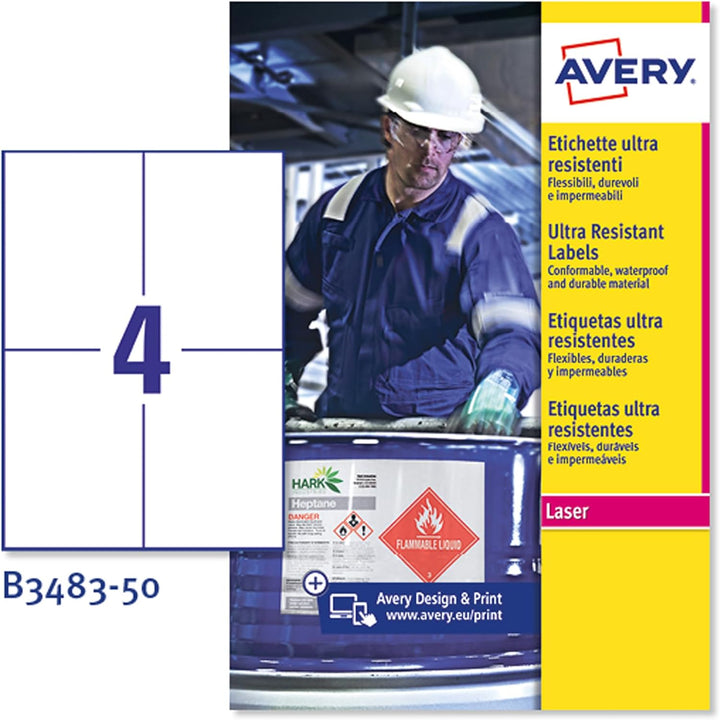 Avery B3483–50 A4 Ultra robuste Wasserdicht GHS Etiketten, bs5609 zertifiziert, für alle Drucker, 10