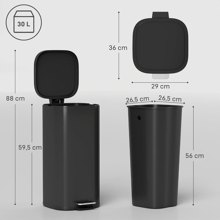HOMCOM 30L Küchenmülleimer mit Deckel, Pedaleimer mit Soft-Close, Schwarz, Schwarz