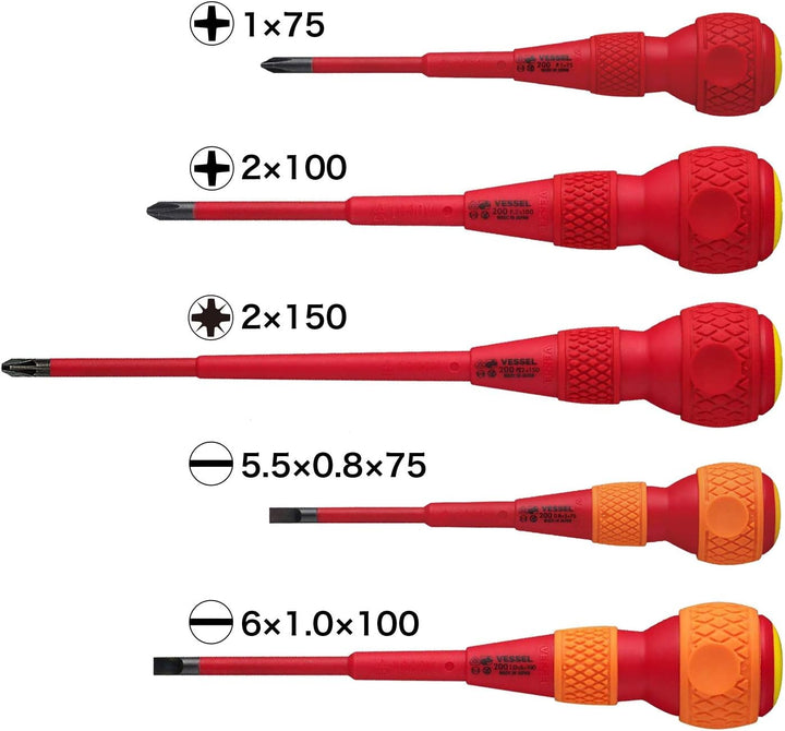 Schraubendreher BALL GRIP VDE (isoliert) Pozidriv/Flach, 5 Stück
