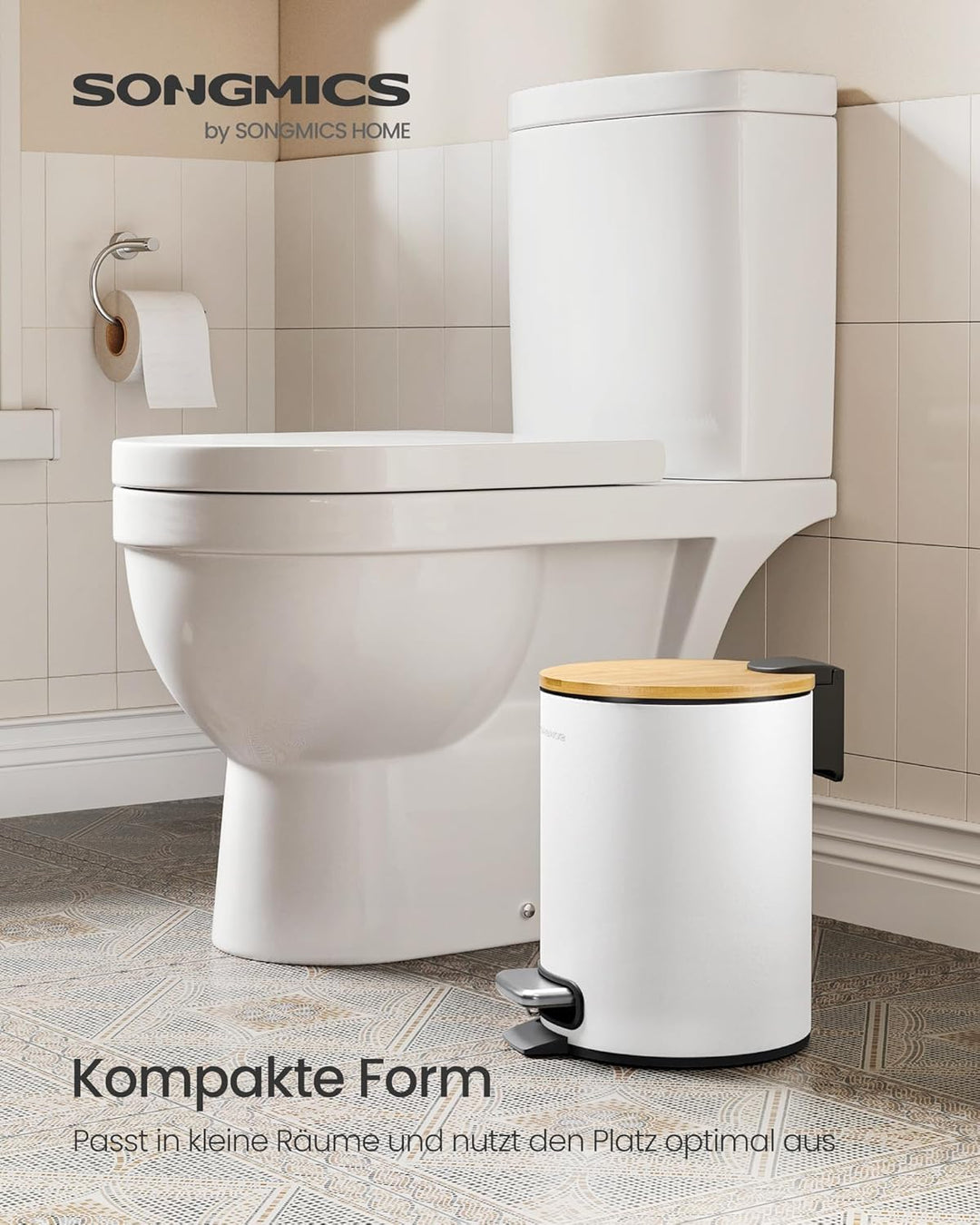 SONGMICS Kosmetikeimer, Mülleimer Bad, mit Deckel aus Bambus, Tretmülleimer mit Metallpedal, Innenei