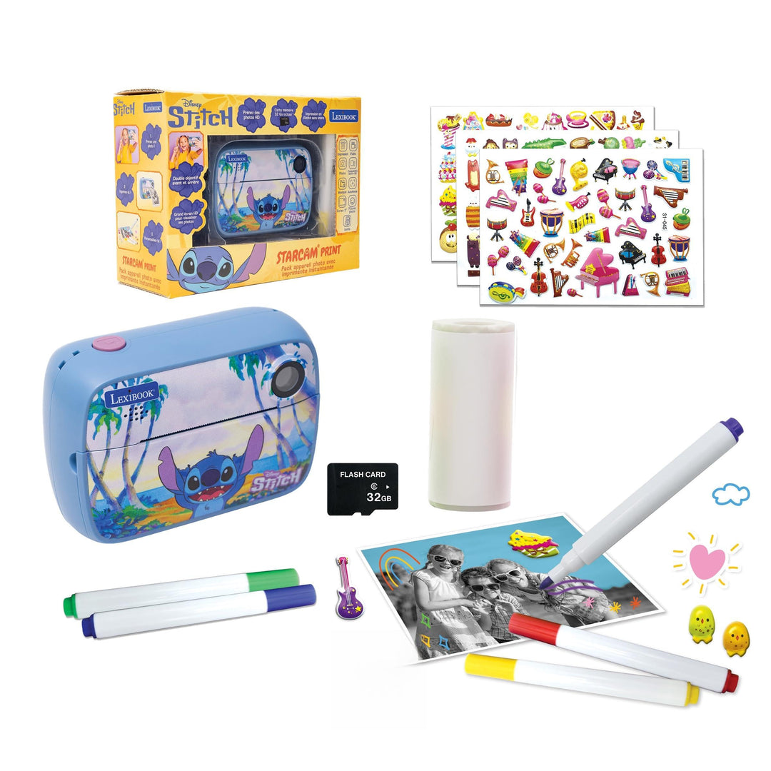 Lexibook, Starcam® Print Disney Stitch, HD-Digitalkamera-Set mit Sofortdrucker, SD-Karte und Fotoper
