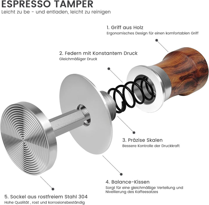 Coffee Tamper 54mm, Federbelastet Kaffee Tamper mit Edelstahl 304 Gewindeboden, Espresso Tamper für