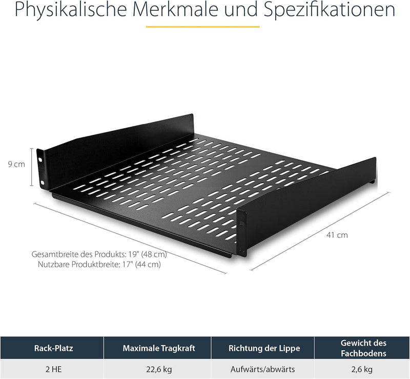 StarTech.com 2HE Server Rack Fachboden - Universelles perforiertes Rackablage für 19 Zoll Netzwerk/S