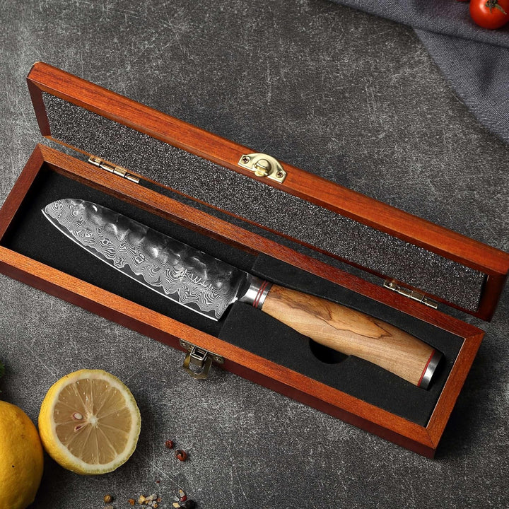 zayiko Olive Damastmesser kleines Santoku 12cm Klinge extrem scharf aus 67 Lagen I Damast Küchenmess