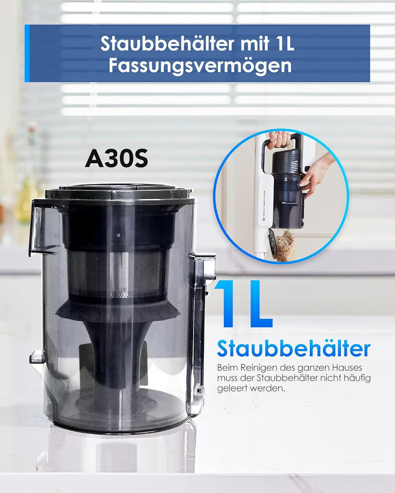 Tineco A30S Akku Staubsauger, Kabelloser Stabstaubsauger 160W 20000pa 60 Min Laufzeit, Handstaubsaug