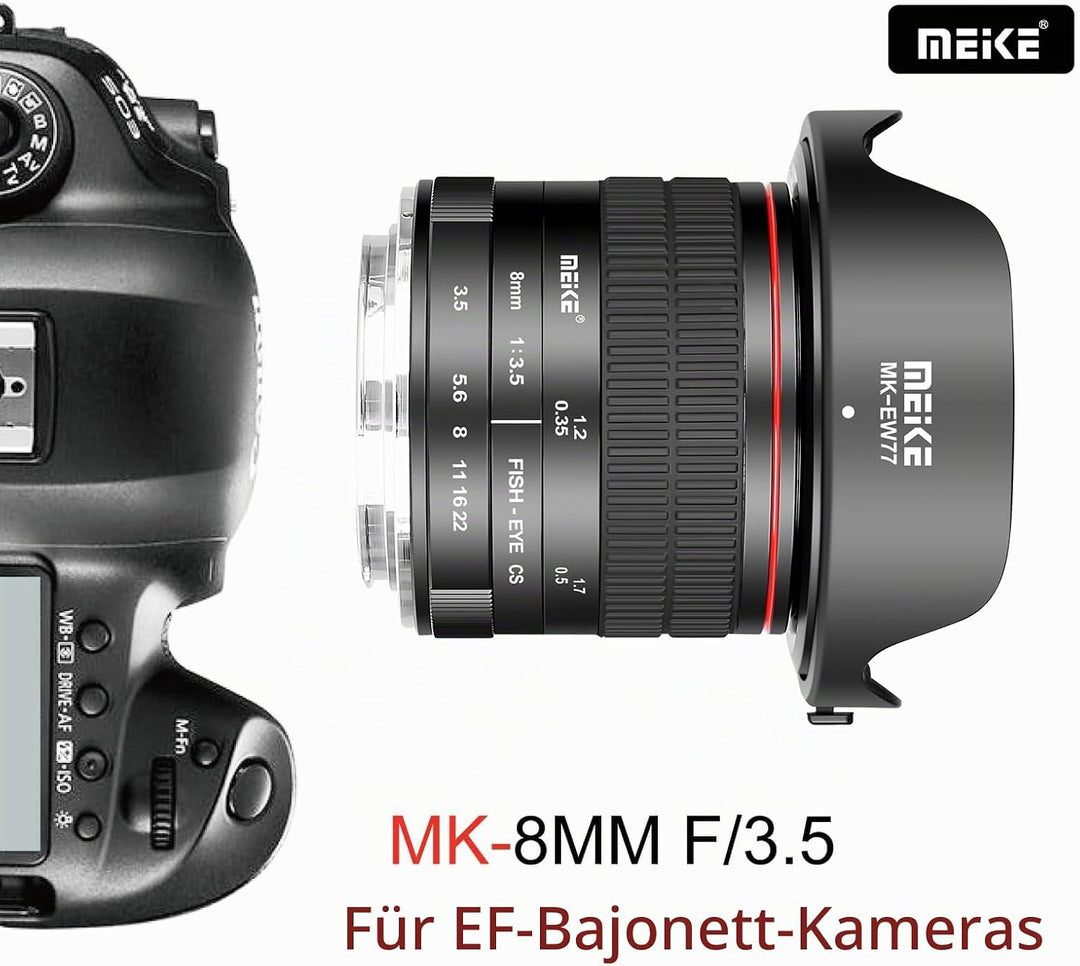 Meike 8mm f3.5 Ultra Weitwinkel Fisheye Objektiv für Canon EOS EF Mount DSLR Kameras EOS 70D 77D 80D