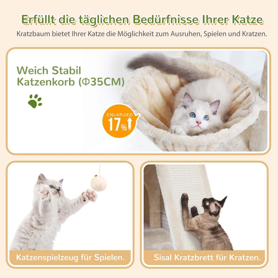 Globlazer Kratzbaum Beige für 2-4 Katzen mit 3 Grosse Katzenhaus 40*33*35cm, Weich Katzenkorb, Kratz