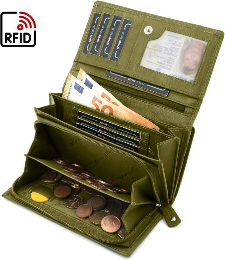 ekavale Damen-geldbörse XXL aus Rindsleder mit RFID Leder-Geldbörse mit vielen Fächern für Frau (Pis