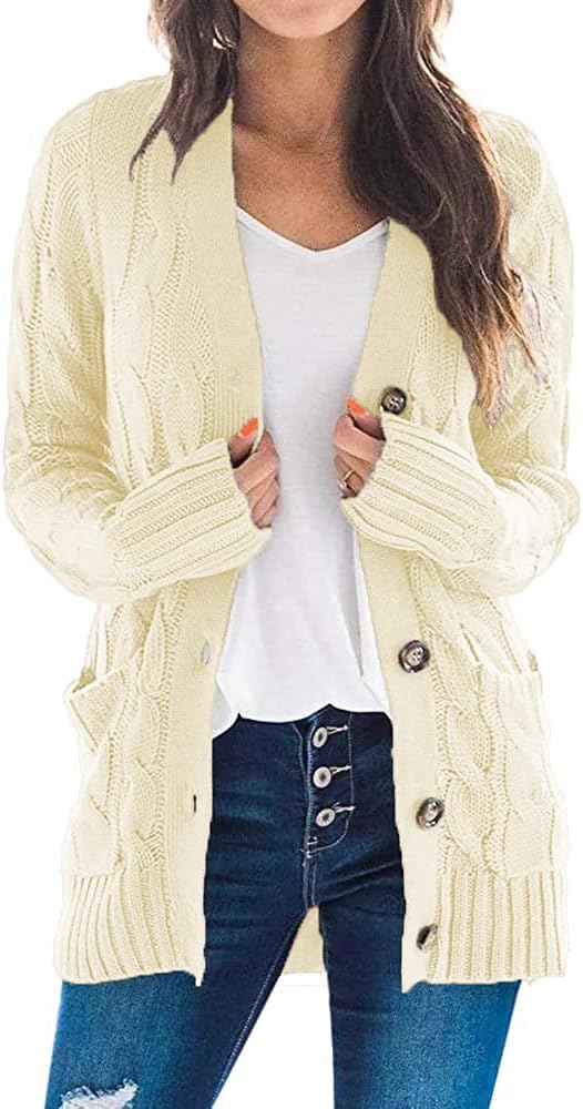 Maavoki Strickjacke Damen lang Elegant Open Front Grobstrick Strick Cardigan Langarm Strickjacken mi