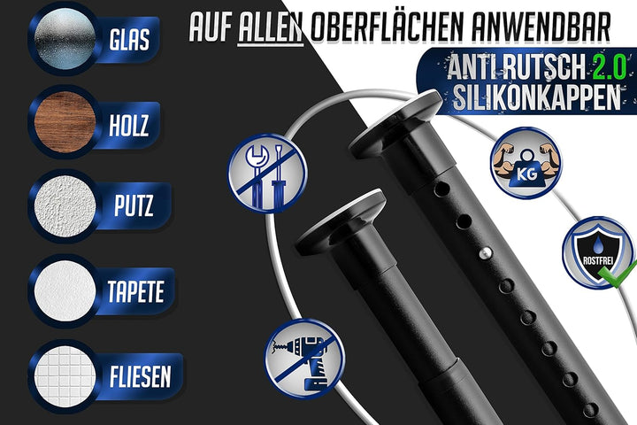MEISENBERG Rostfreie Teleskopstange ohne Bohren 260-310cm, Ø25mm Matt Schwarz Multifunktionale Gardi